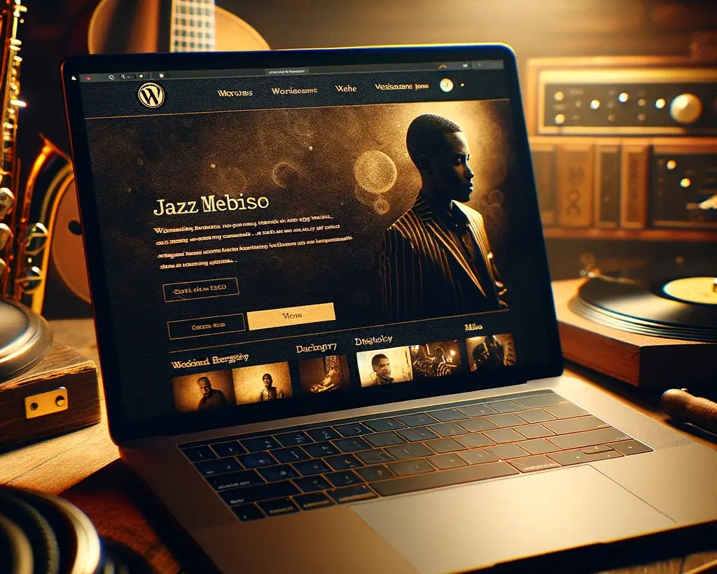 DALL·E 2023-11-12 22.43.37 - A photograph of a WordPress website displayed on a laptop screen, specifically designed for a jazz musician. The website features an elegant, dark the