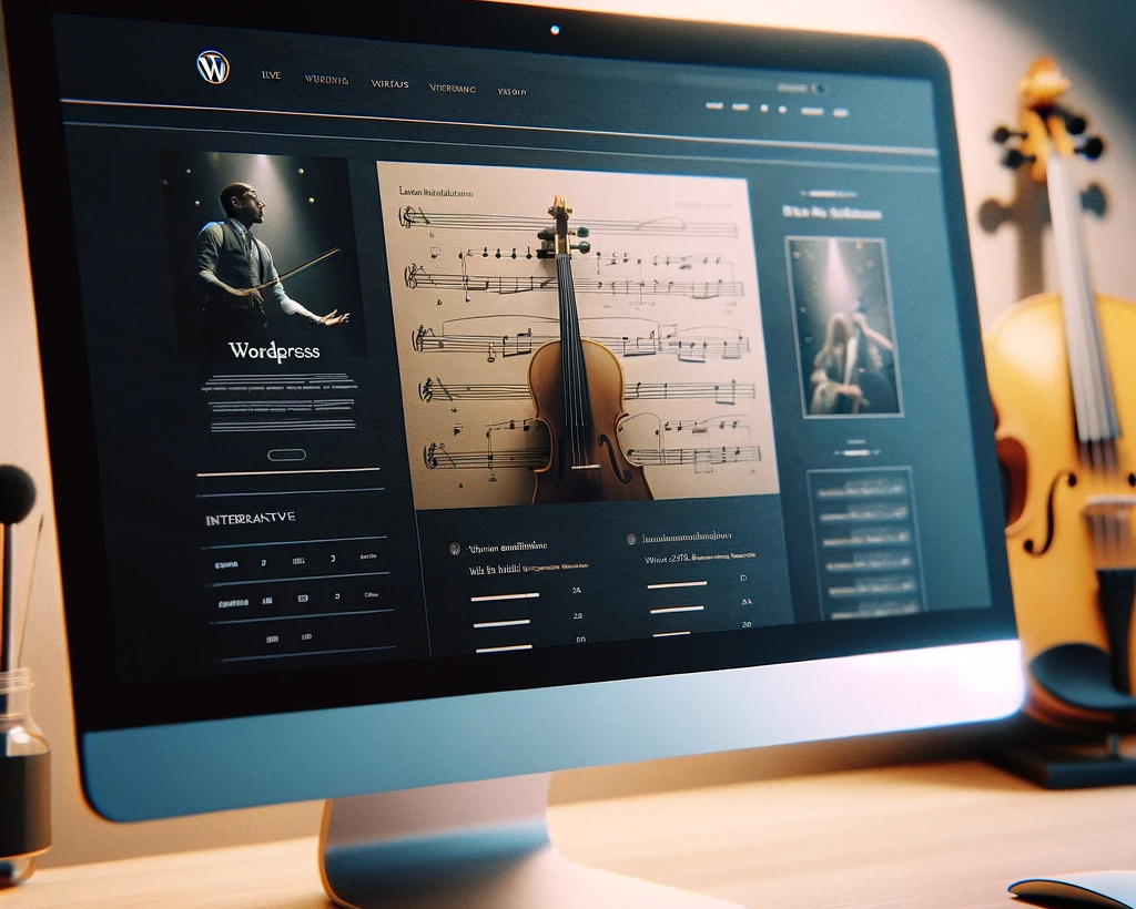 DALL·E 2023-11-12 22.43.42 - A close-up photograph of a computer screen showing a WordPress website designed for a classical musician. The website features an elegant layout with
