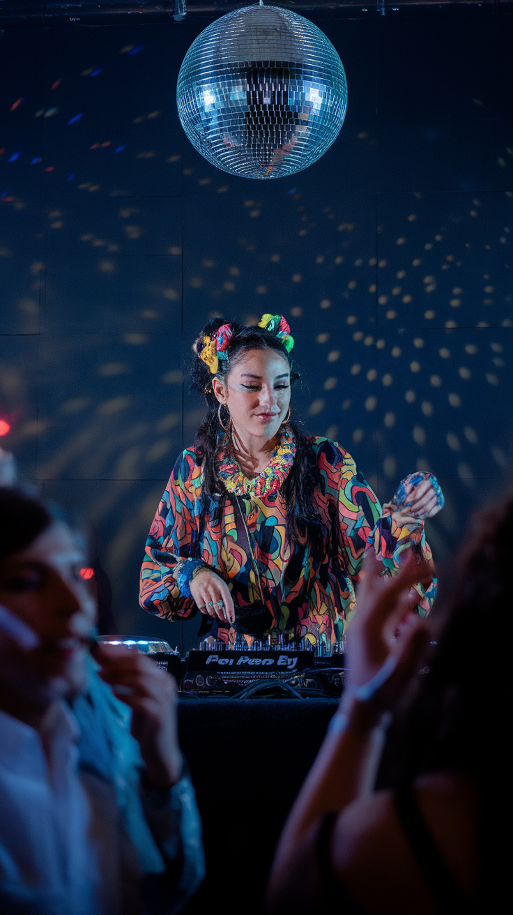 A female DJ stands at her turntable, wearing a colorful patterned outfit with a headband, amidst a lively crowd.